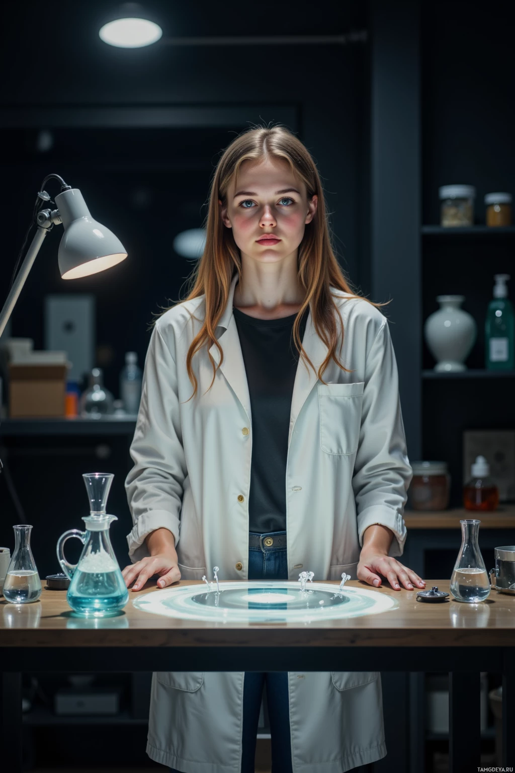 A person in a lab coat stands in a laboratory setting with a table containing glassware and a light fixture above.