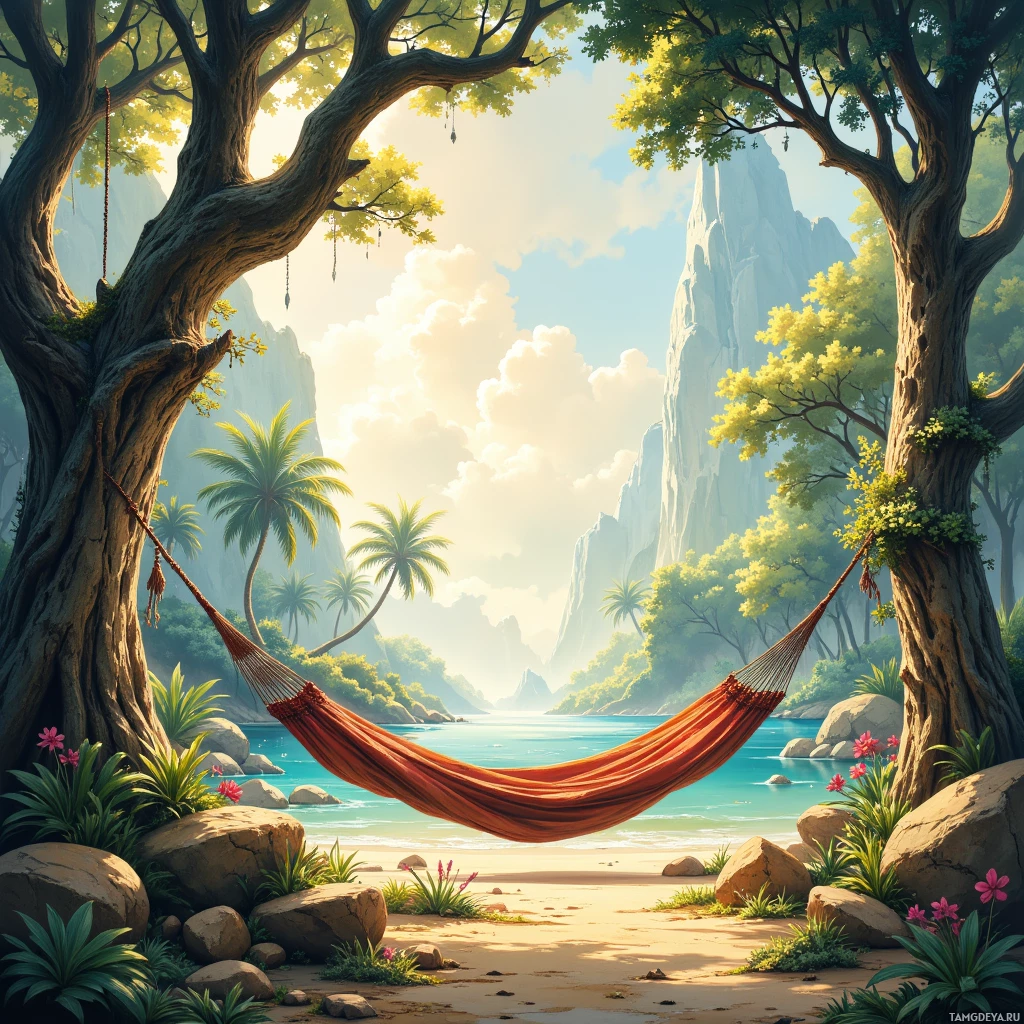 A serene landscape featuring a hammock hanging between two large trees, with a tranquil body of water, palm trees, and majestic mountains in the background.
