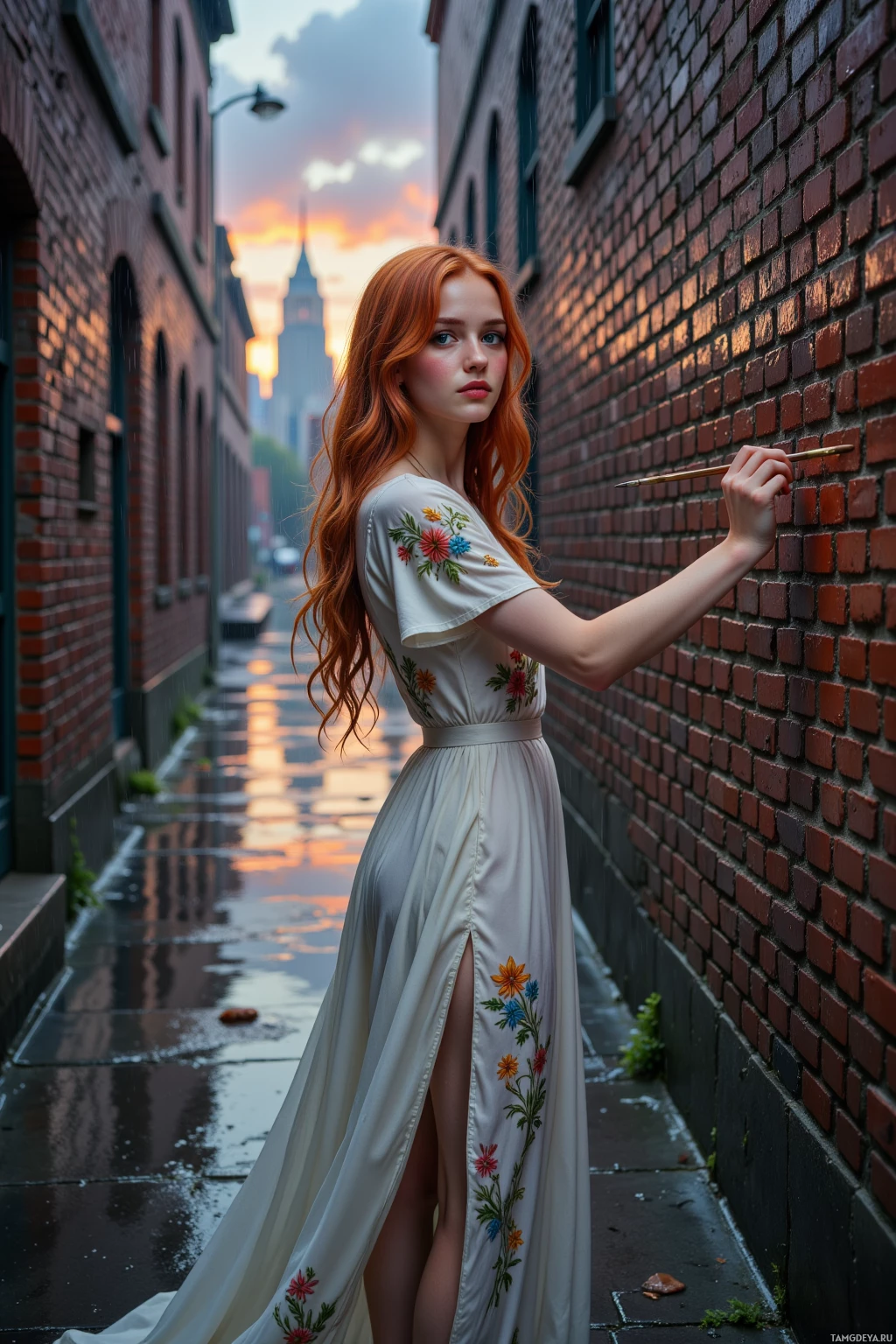 A woman in a white dress with floral embroidery stands in a narrow alleyway with brick walls and a wet pavement.
