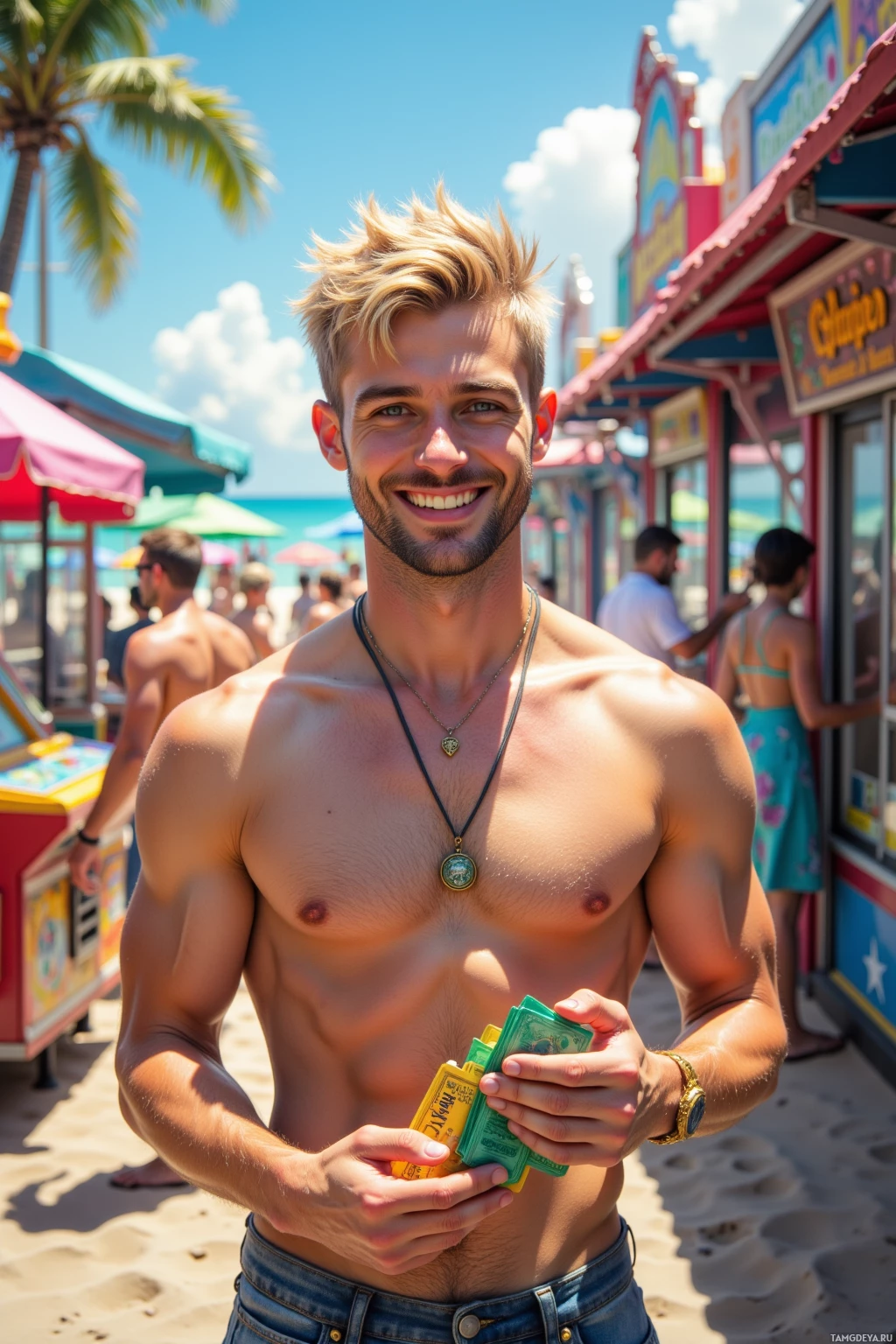 A shirtless man with a beard and short blonde hair smiles while holding money on a sunny beach.