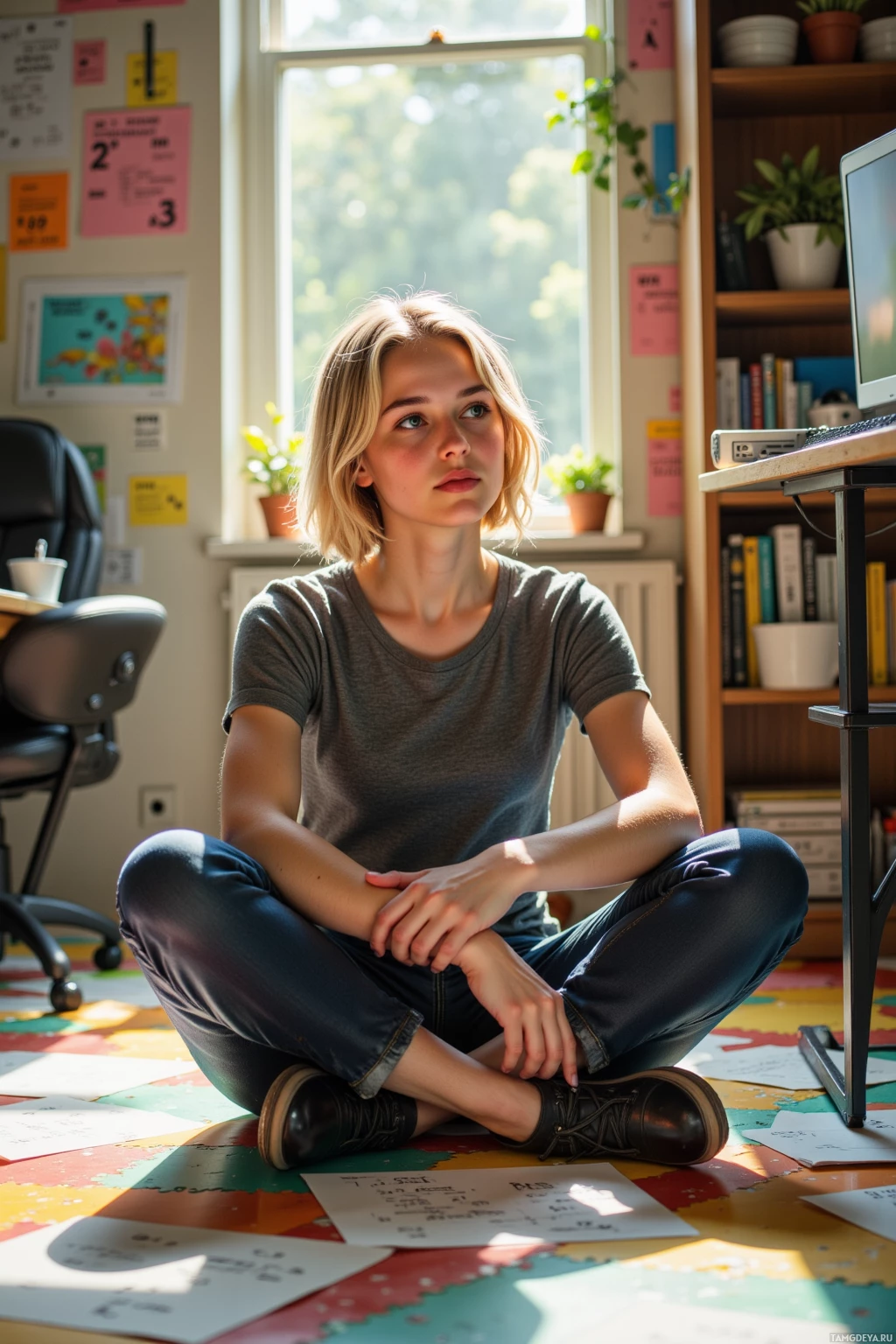 A person sits cross-legged on the floor in a room with a desk, computer, and bookshelf.