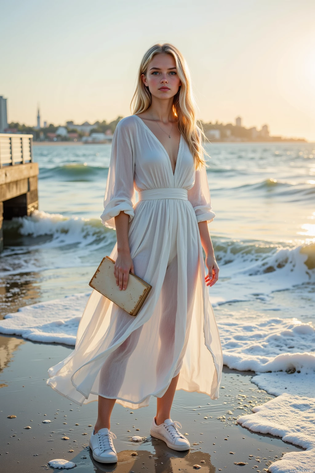 A woman in a flowing white dress stands on a beach at sunset, holding a book.