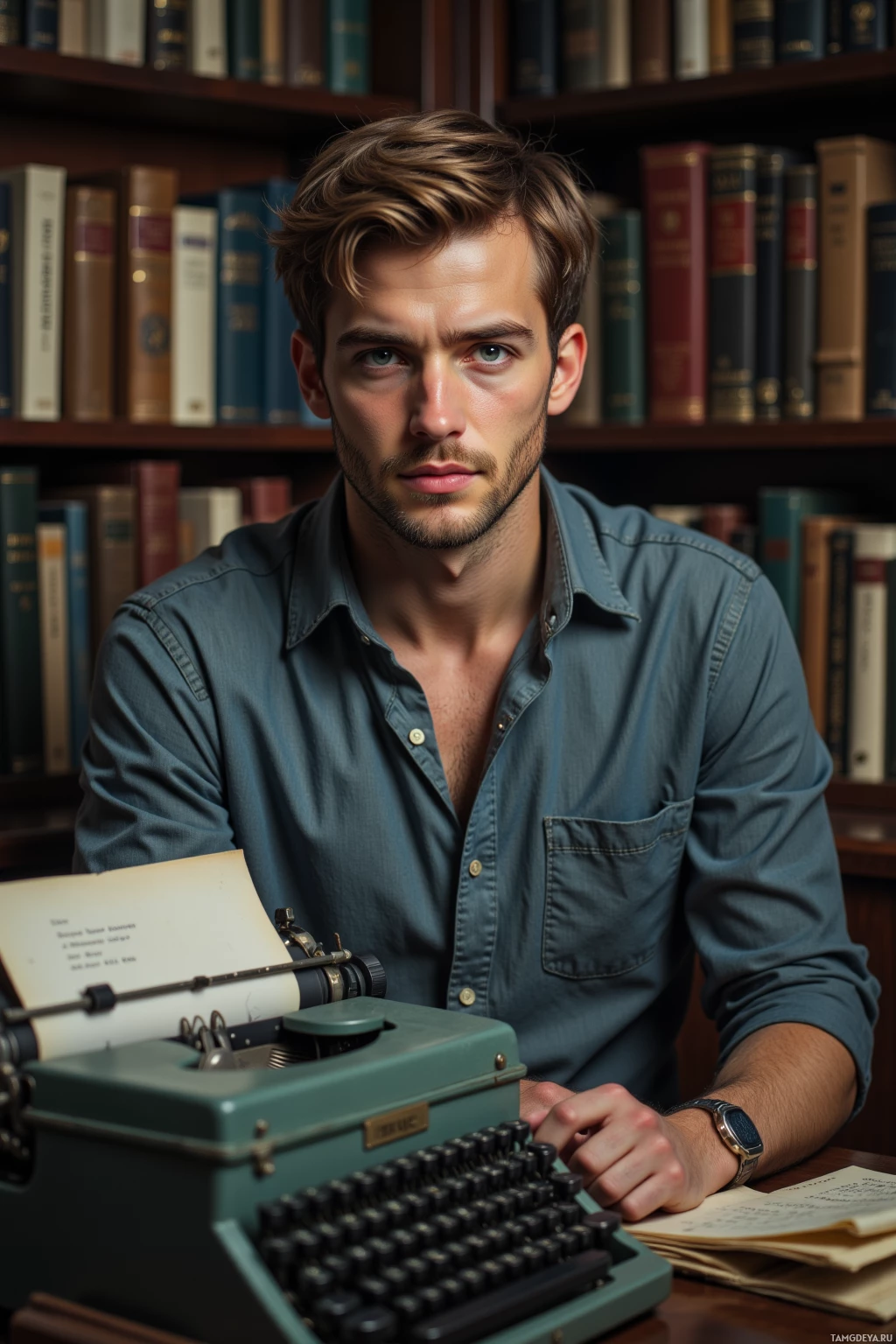 A man sits at a desk with a typewriter, surrounded by bookshelves.