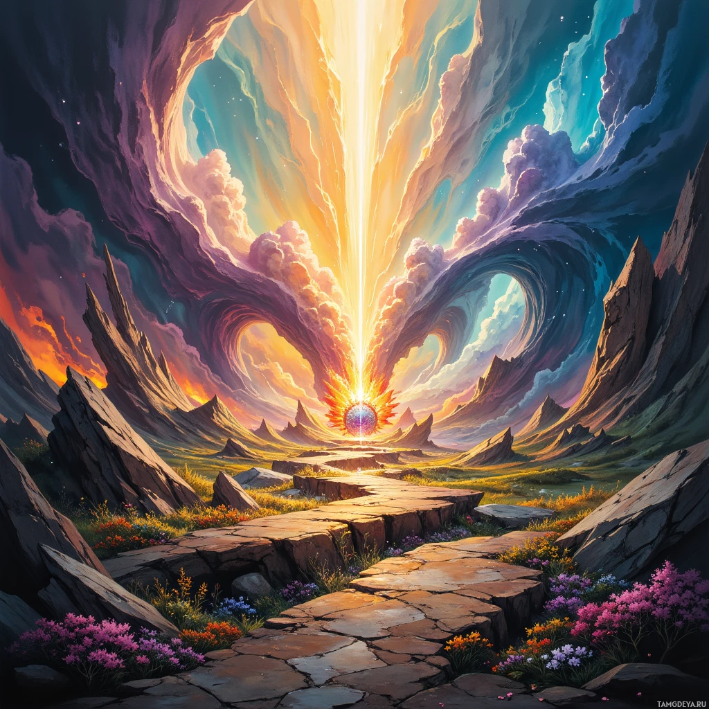 A vibrant, fantastical landscape featuring a glowing portal amidst rocky terrain and colorful flora.