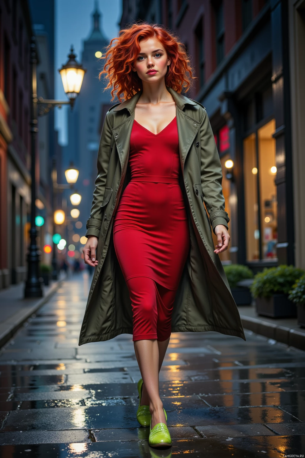 A woman in a red dress and olive green coat walks down a wet street at dusk.