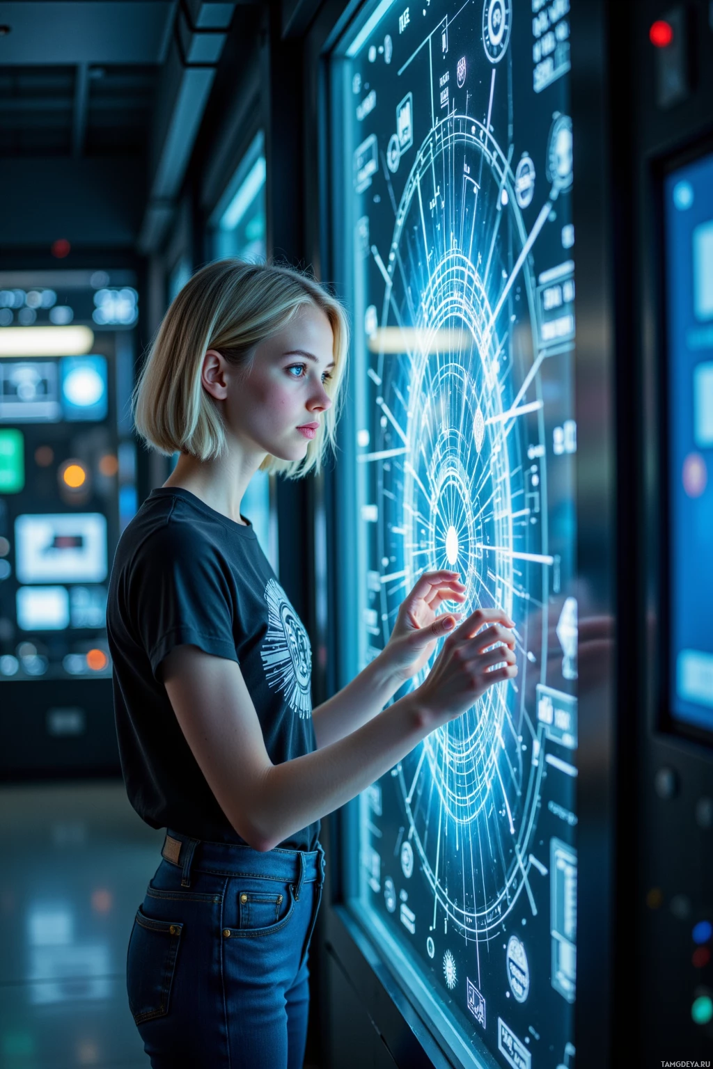 A person interacts with a futuristic digital interface in a high-tech environment.