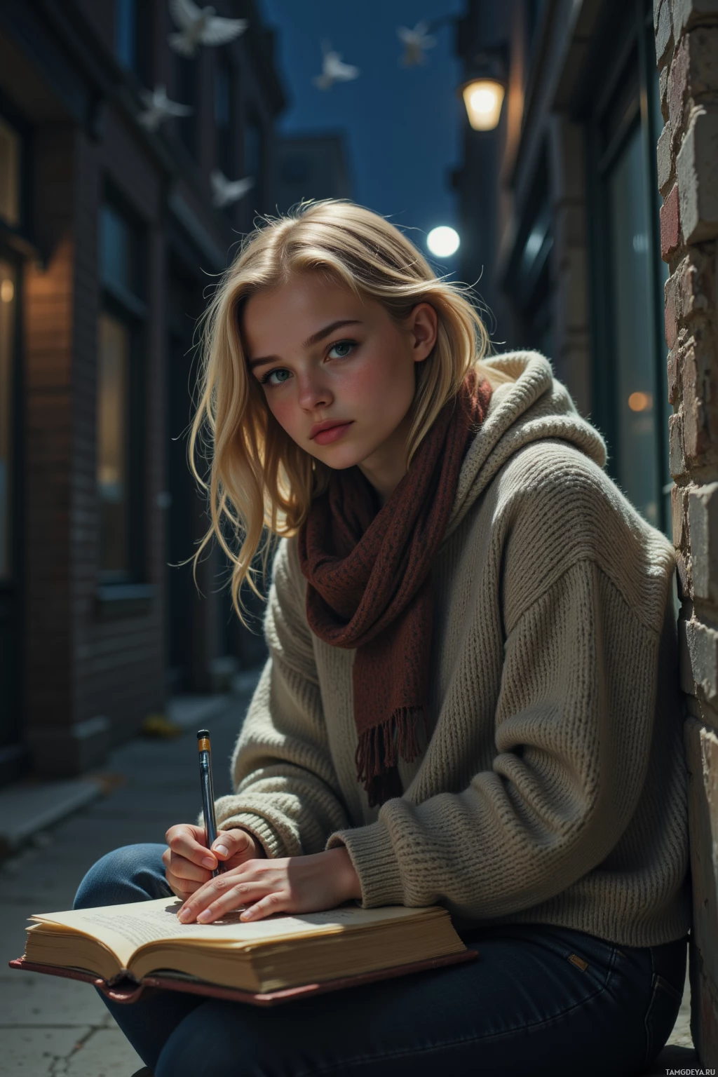 A person wearing a beige sweater and scarf sits on a sidewalk, writing in a notebook.