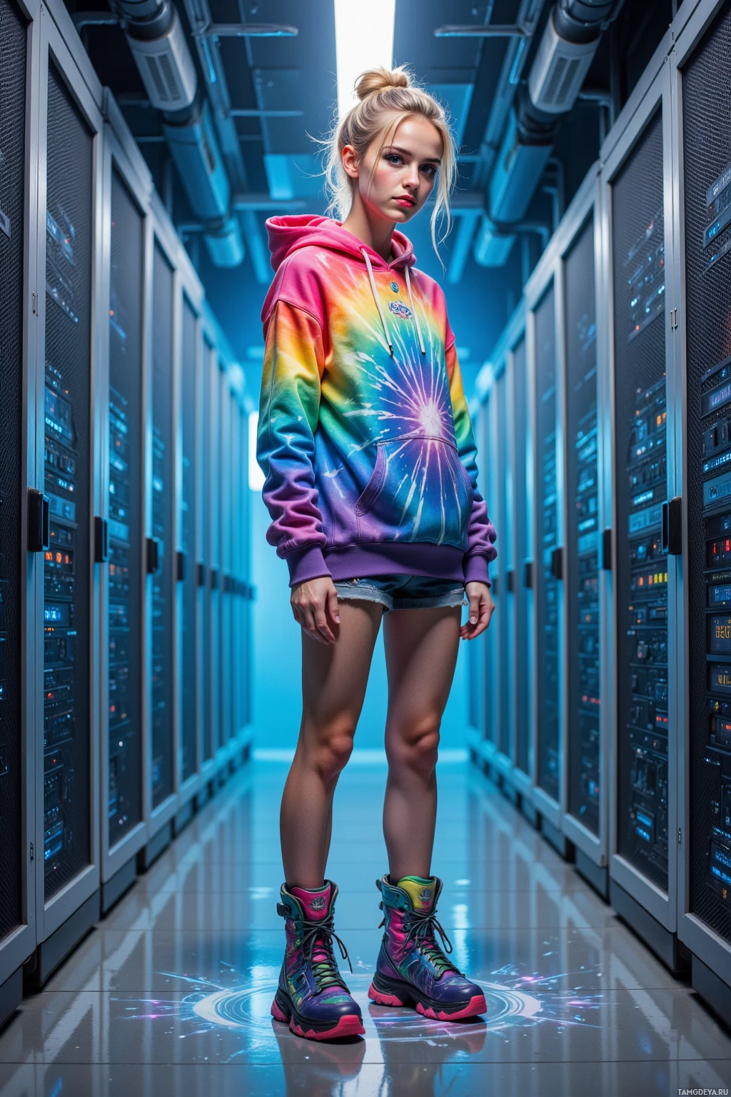 A person stands in a server room wearing a colorful tie-dye hoodie and matching boots.
