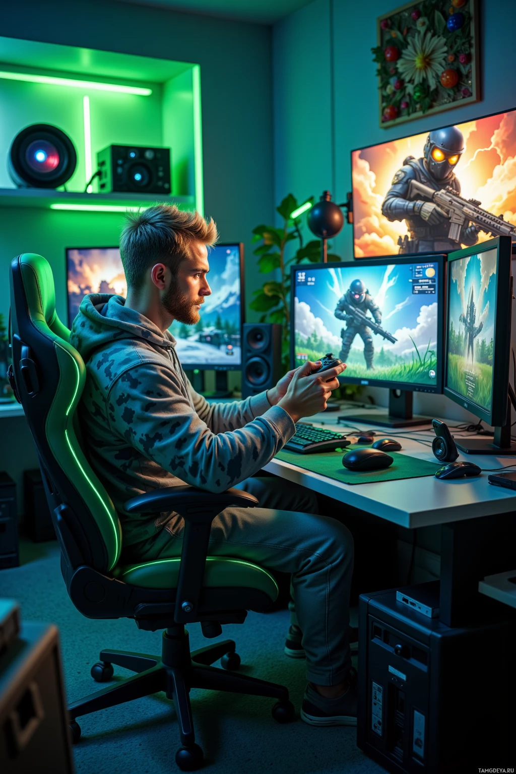 A person is seated in a gaming chair, playing a video game on multiple monitors in a well-lit room.