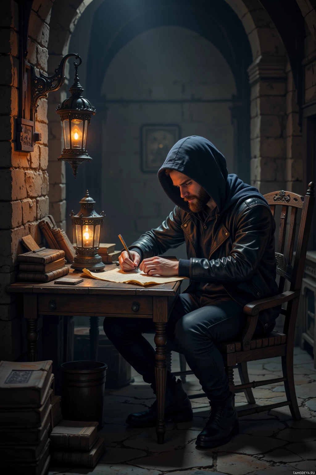 A man in a hooded jacket sits at a desk, writing with a quill under the light of a hanging lantern.