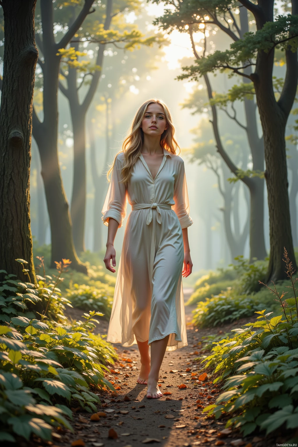 A woman in a flowing dress walks barefoot on a forest path.