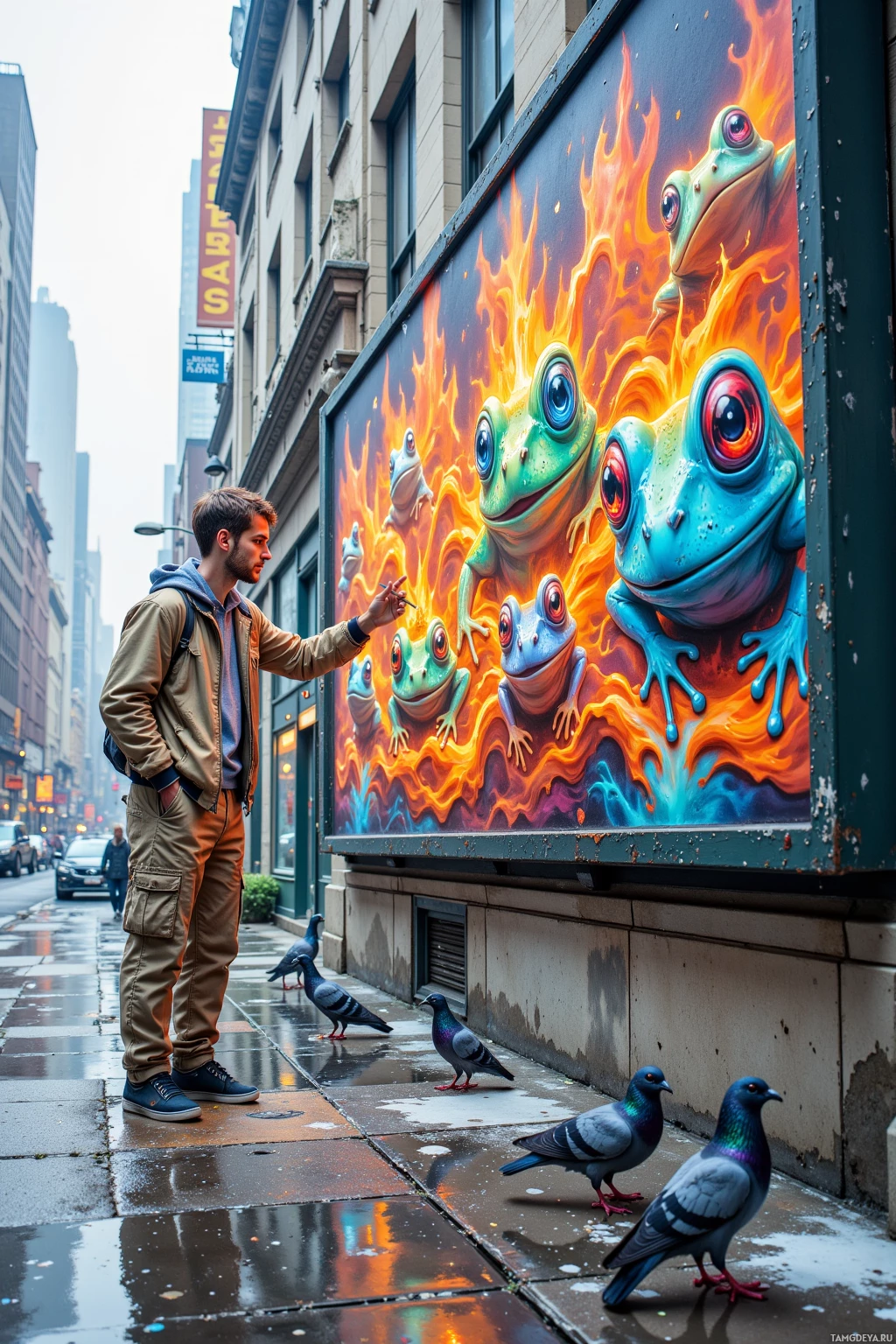 A man stands on a wet sidewalk near a vibrant mural of frogs on fire, with pigeons nearby.