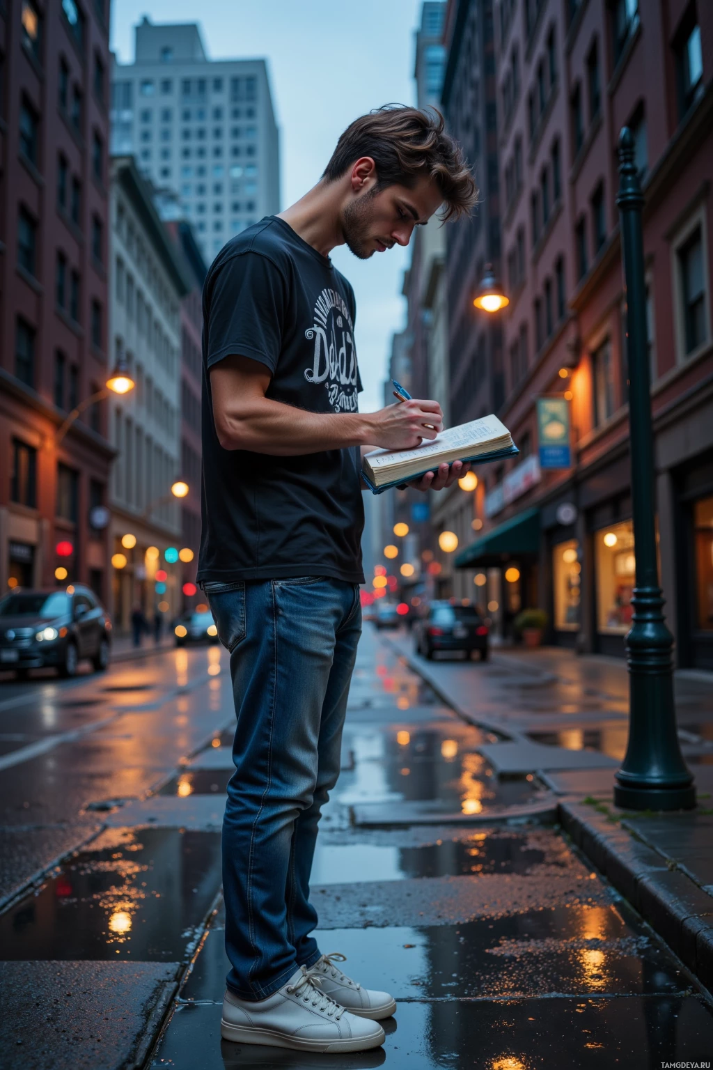 A man stands on a wet city street, writing in a notebook.
