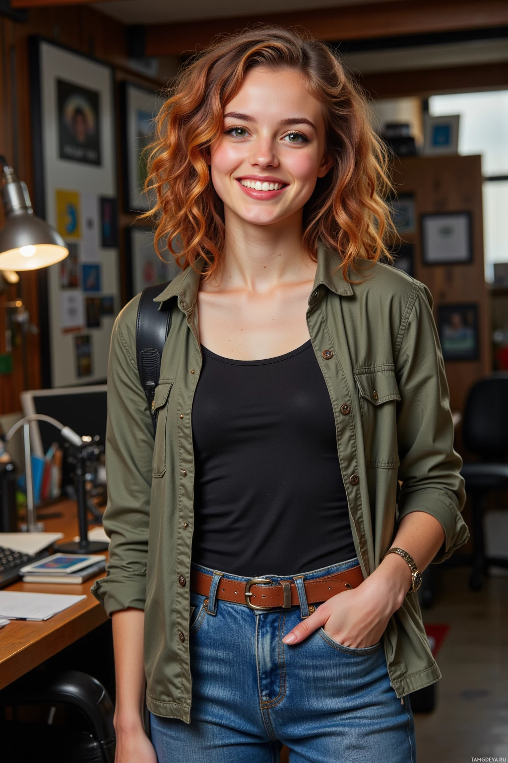 A young woman stands in an office setting, wearing a green shirt over a black top and blue jeans.