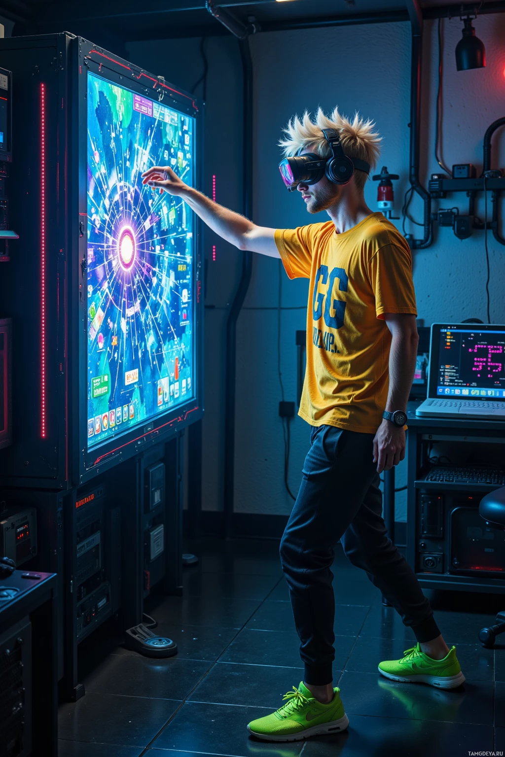 A person wearing a VR headset interacts with a large, illuminated display in a tech-laden room.