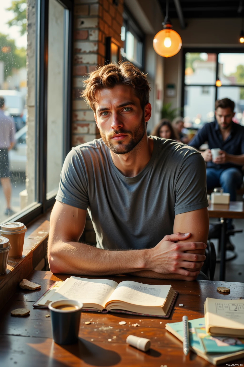 A man sits at a table in a café, with an open book and a cup of coffee in front of him.