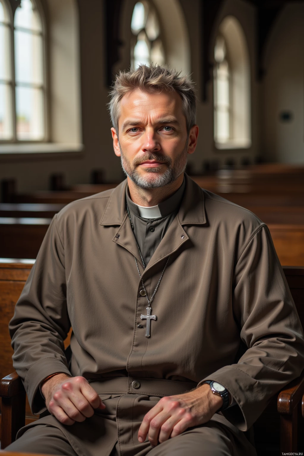 A man in clerical attire sits in a church pew, wearing a cross necklace.