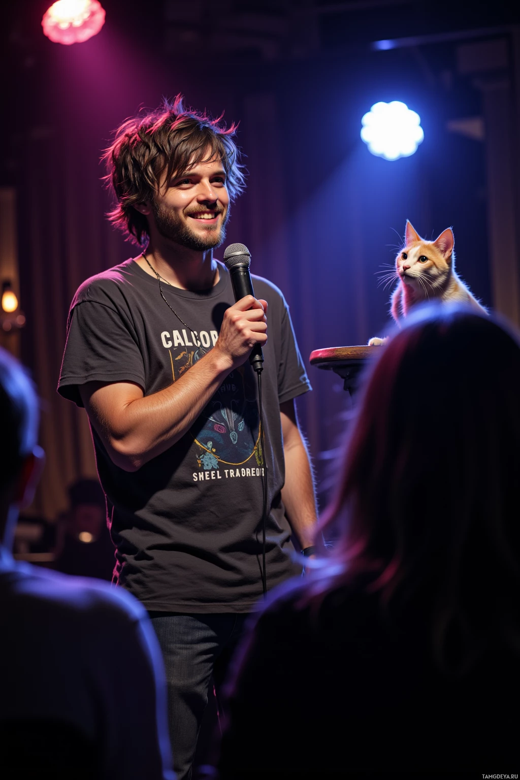 A man holding a microphone stands on stage with a cat perched on a table behind him.