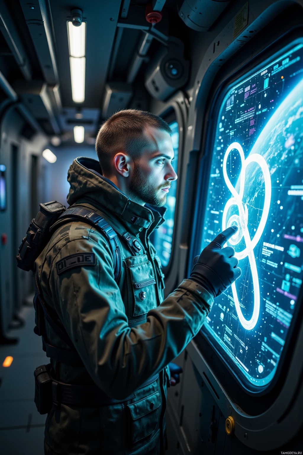 A person in a space suit interacts with a futuristic display panel.