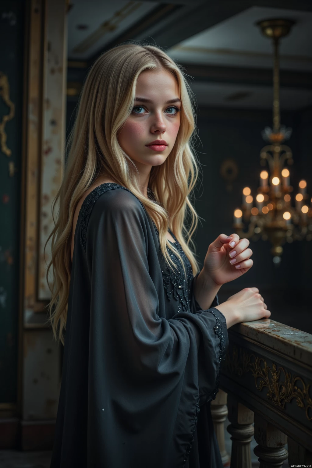 A woman with long blonde hair stands in an elegant room, leaning on a railing.