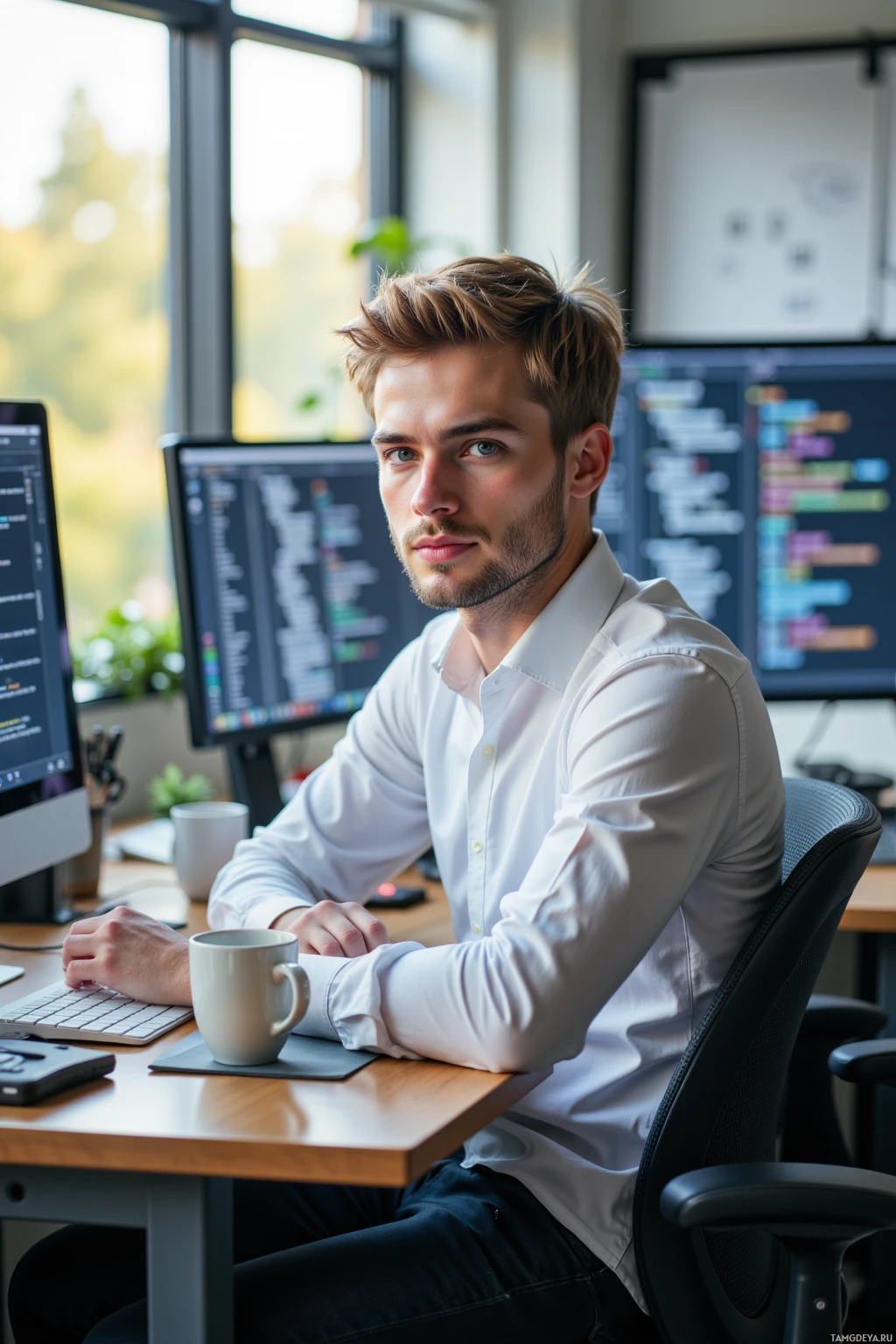 A man in a white shirt sits at a desk with multiple computer monitors, appearing focused.