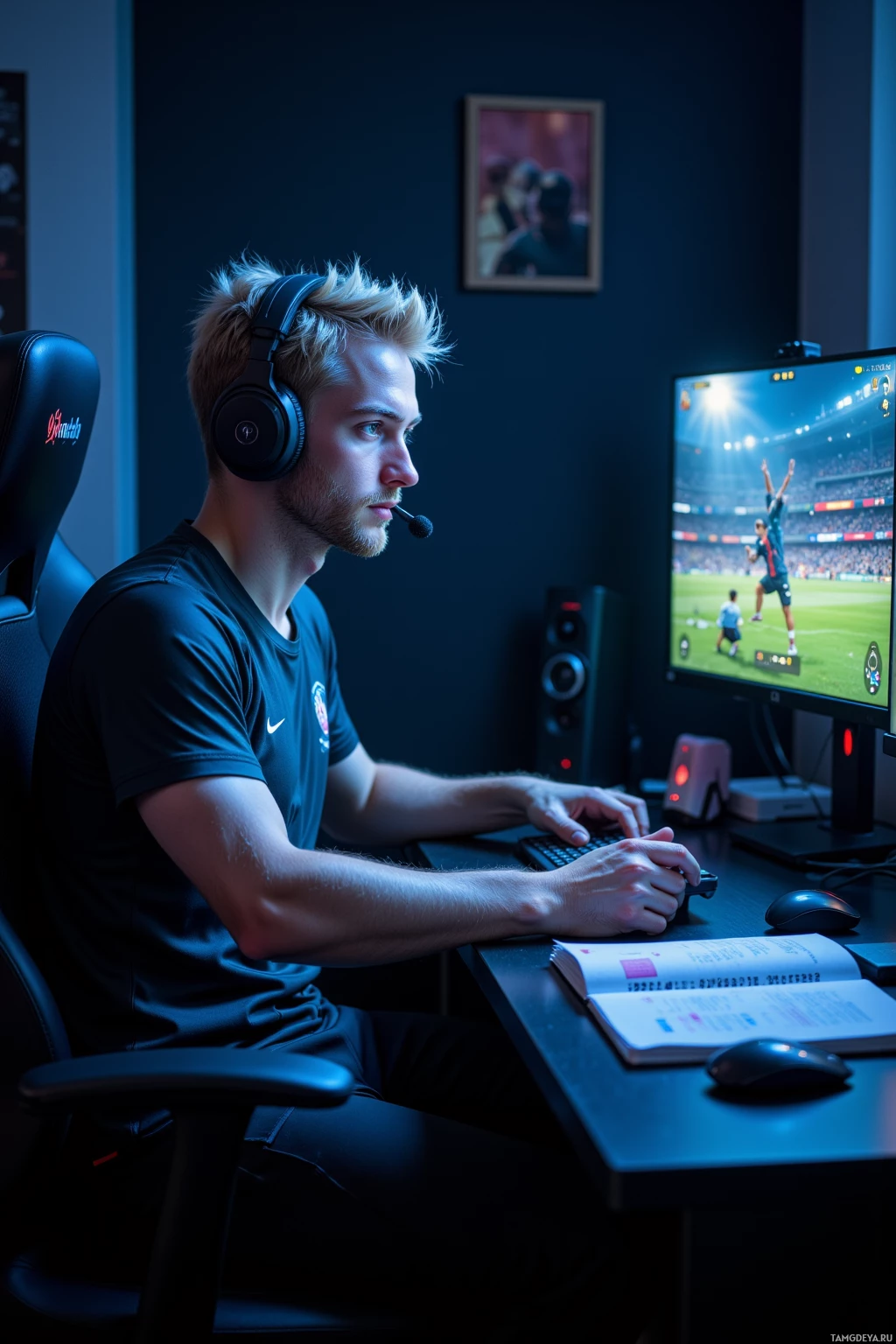 A person is sitting at a desk playing a soccer video game on a computer.