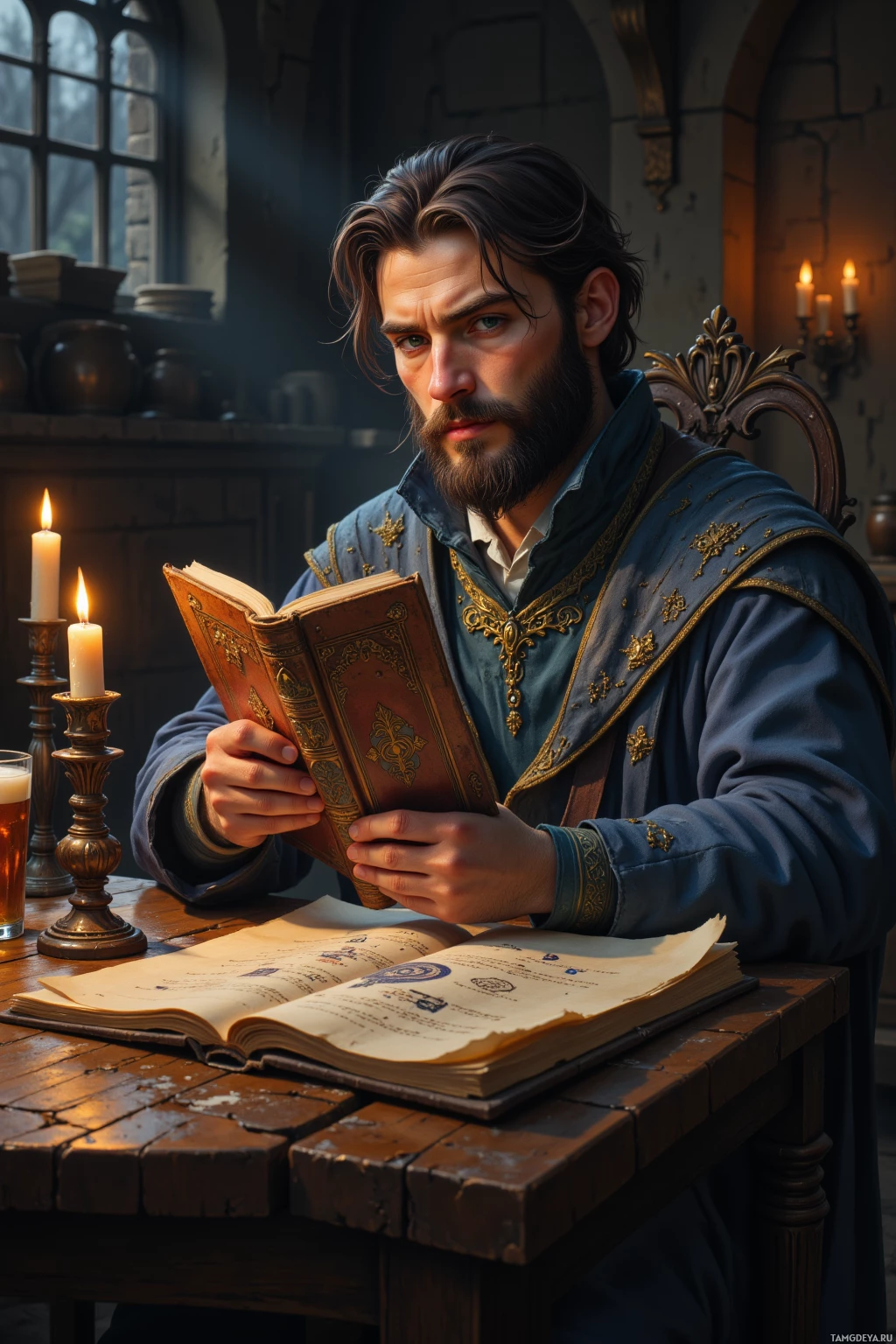 A man in medieval attire reads an open book by candlelight.