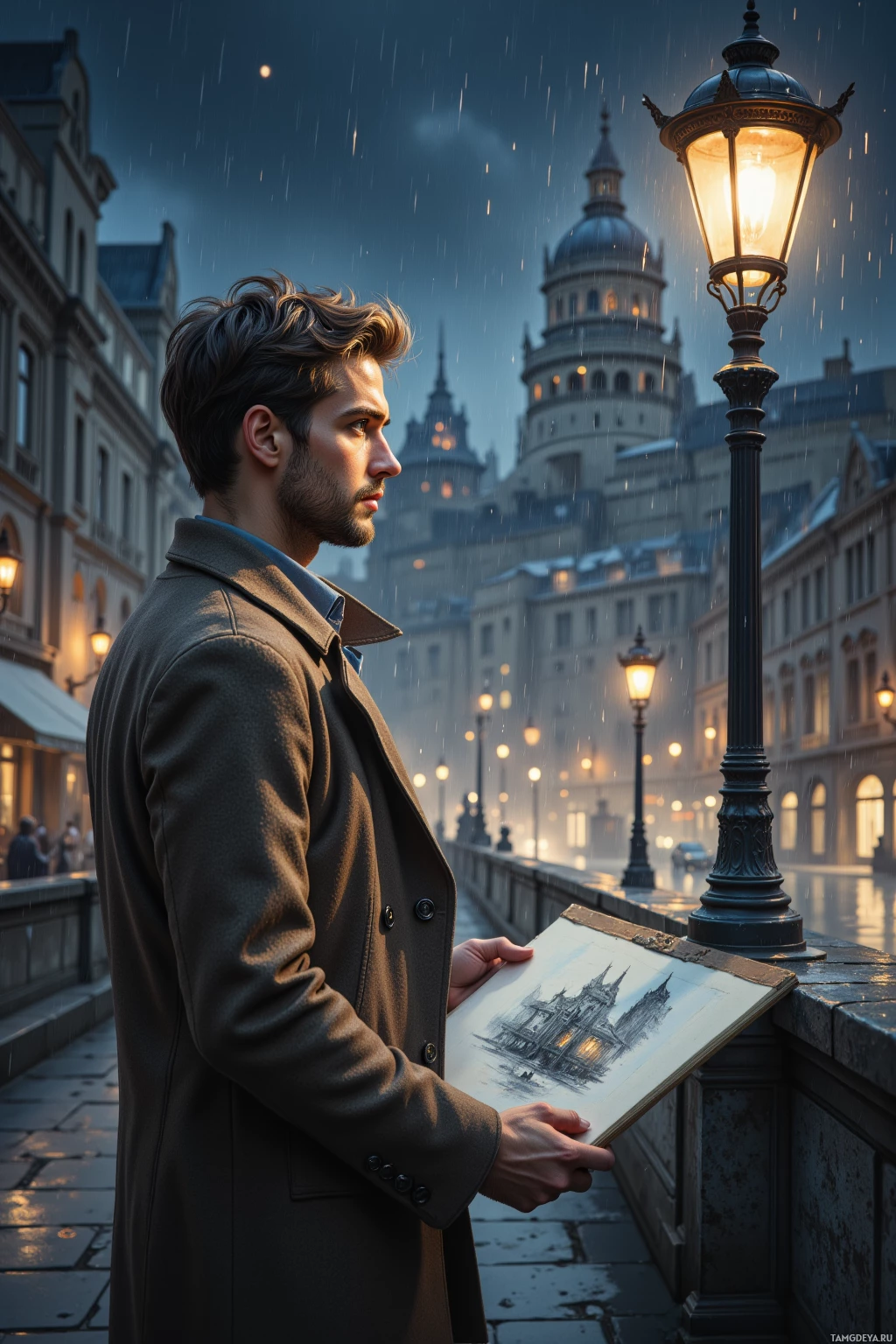 A man in a coat stands on a rainy street holding a sketchbook, gazing at a distant illuminated building.