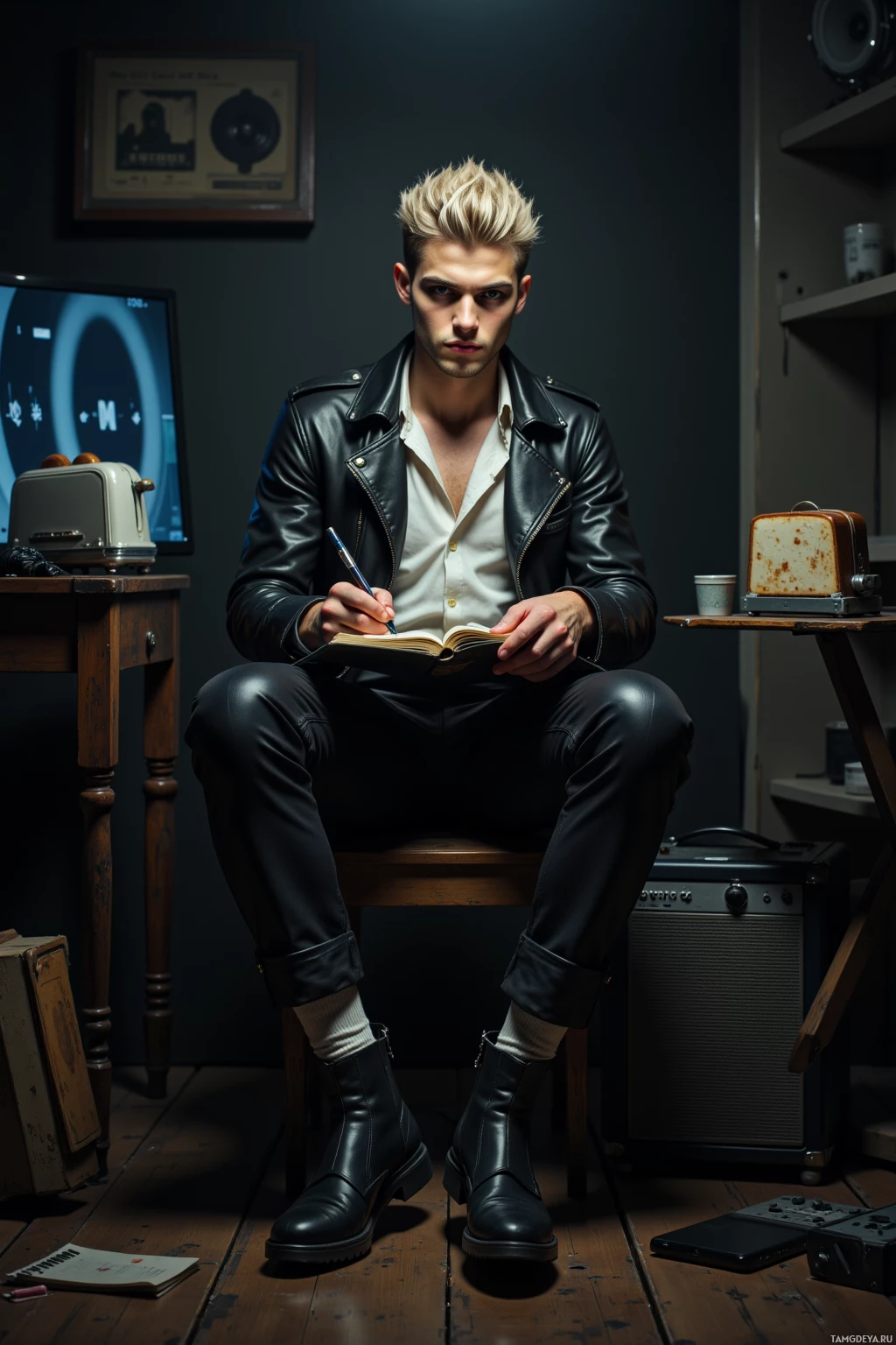 A person in a leather jacket sits in a dimly lit room, holding a pen and notebook.