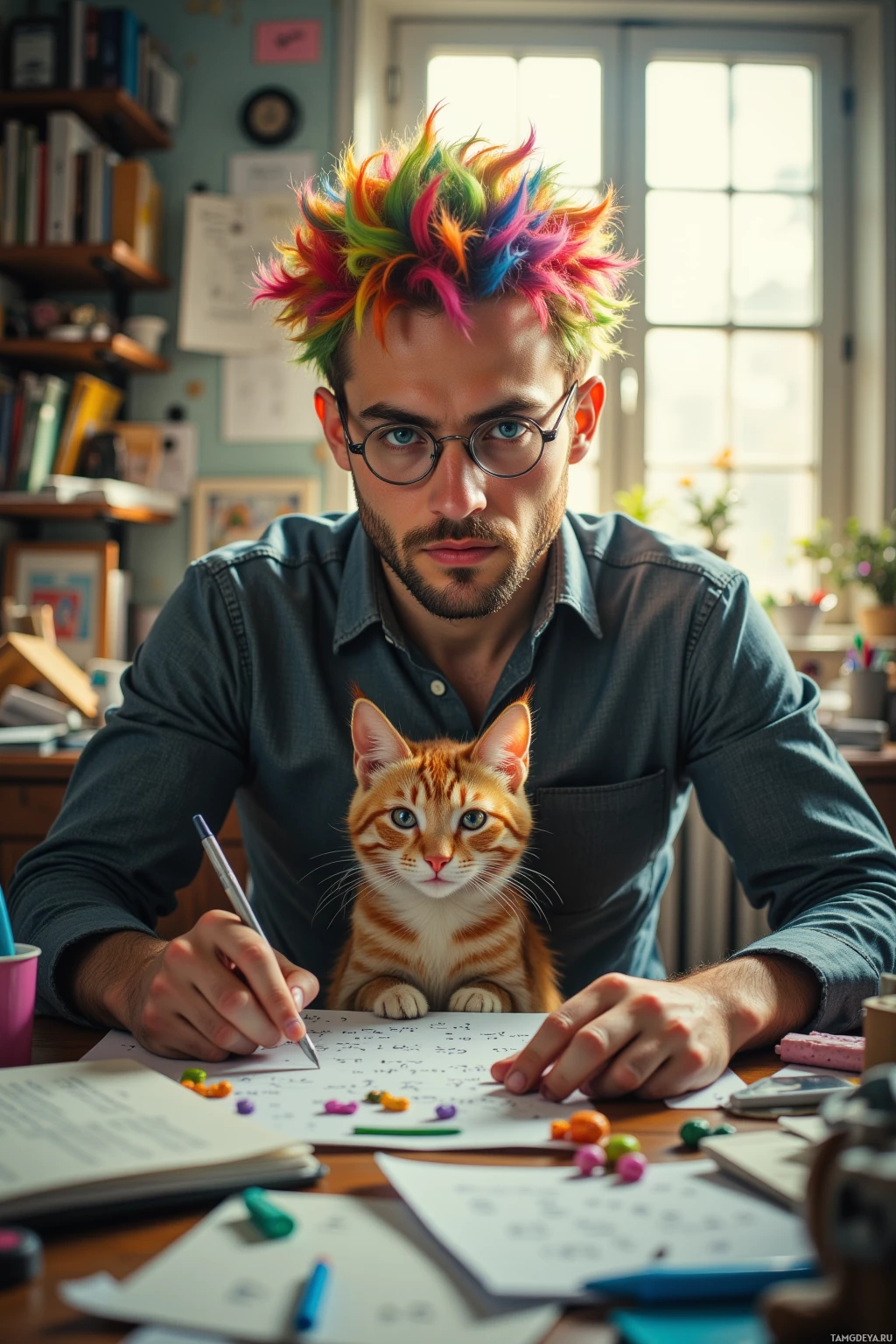 A man with a colorful, spiky wig sits at a desk, writing with a pen, with a cat sitting on the desk beside him.