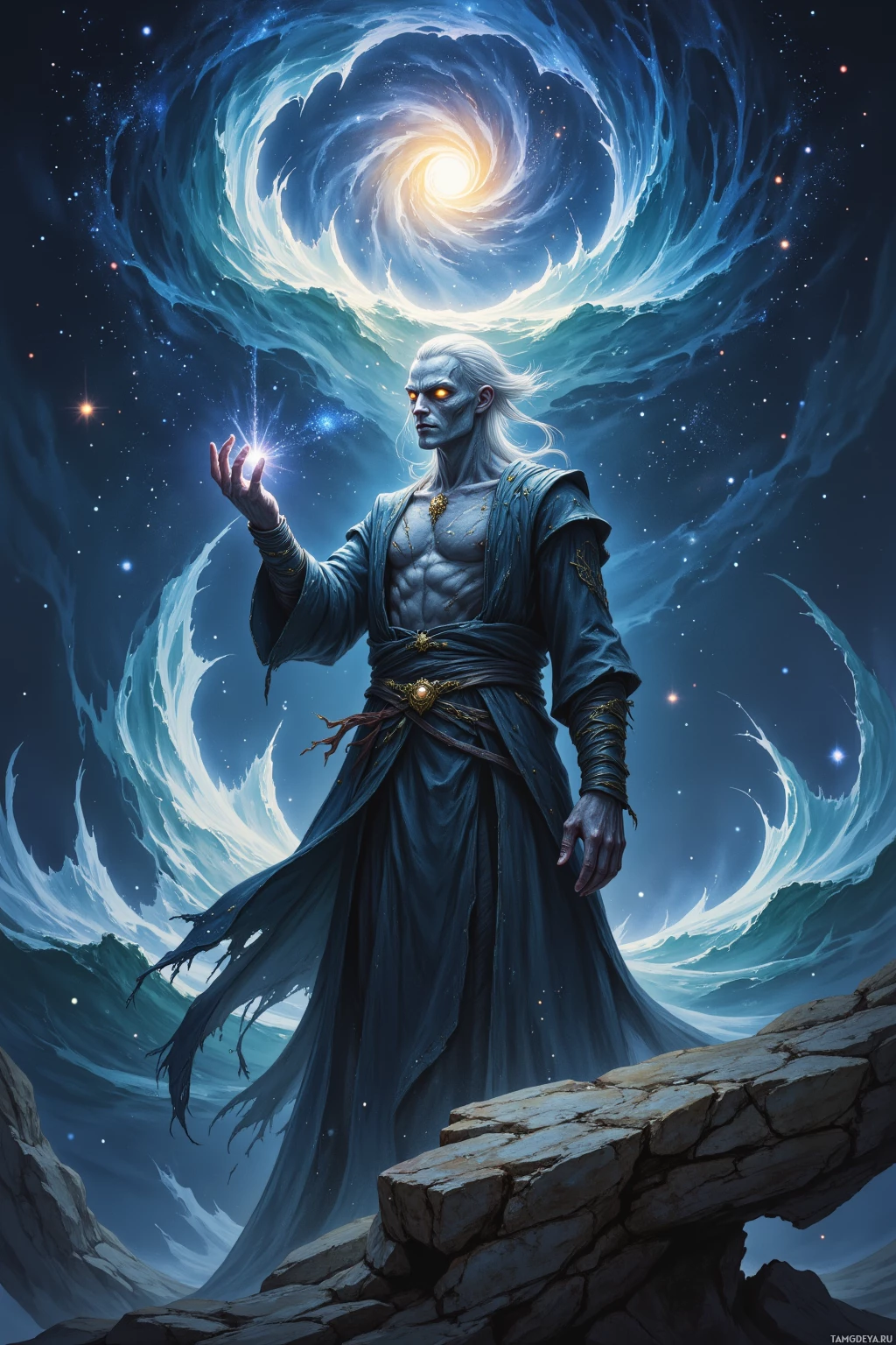 A wizard in a blue robe stands on a rocky outcrop, holding a glowing orb, with a swirling cosmic vortex in the background.