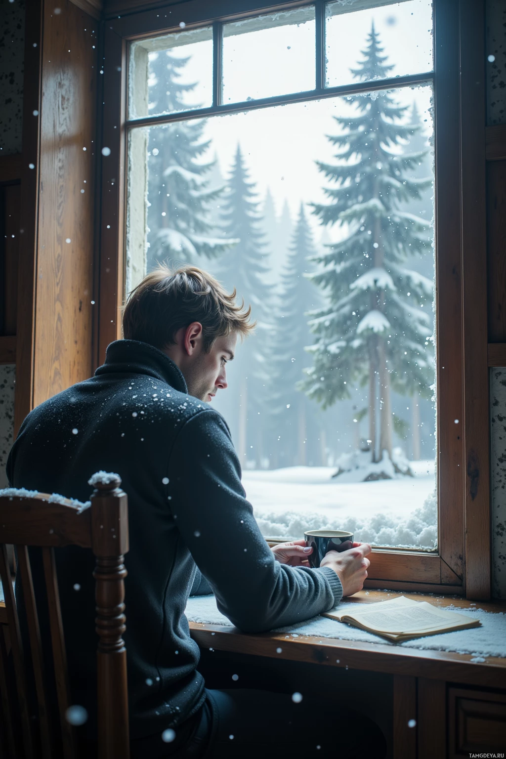A person sits by a window, gazing at a snowy forest while holding a cup.
