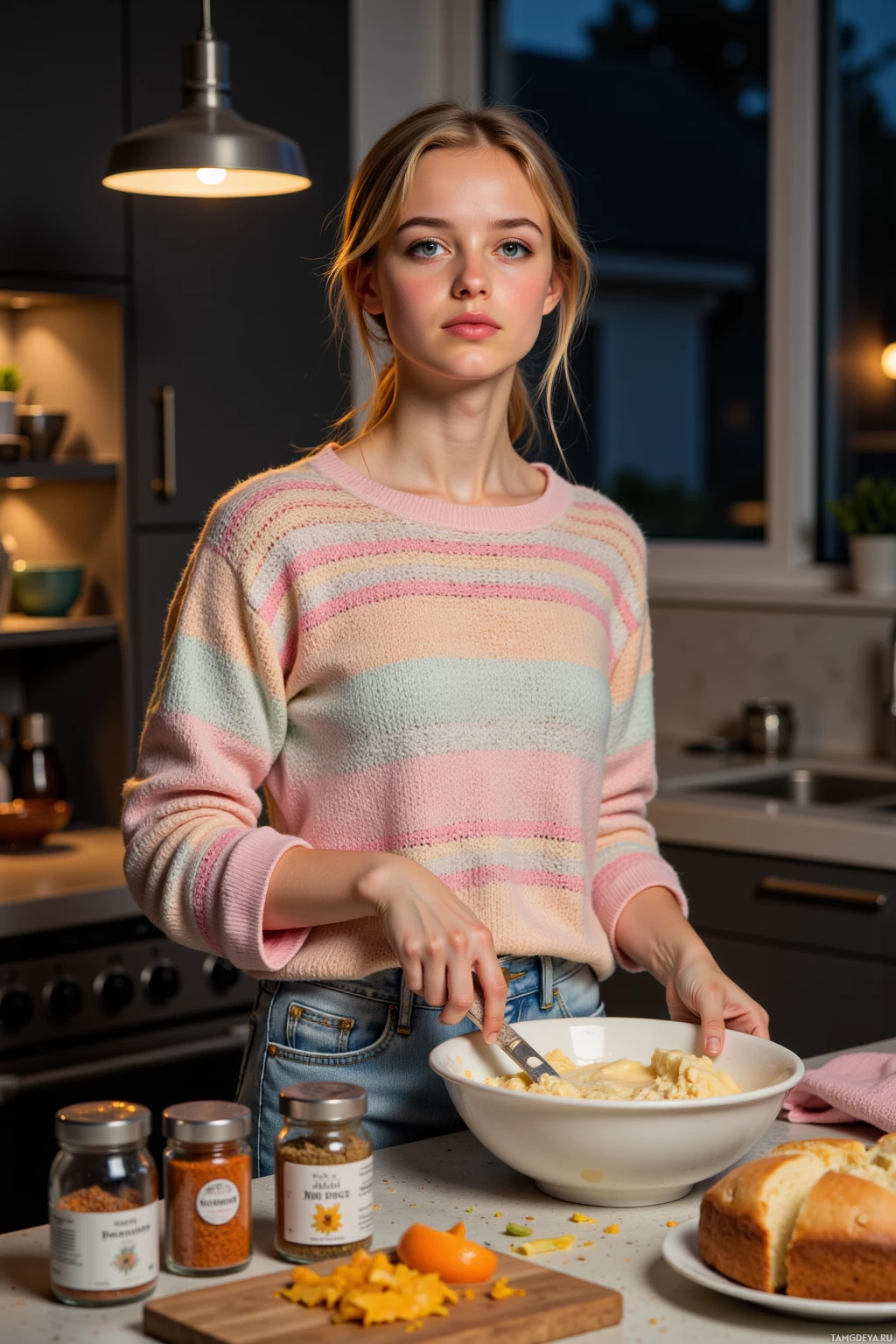 A person in a striped sweater prepares food in a kitchen.