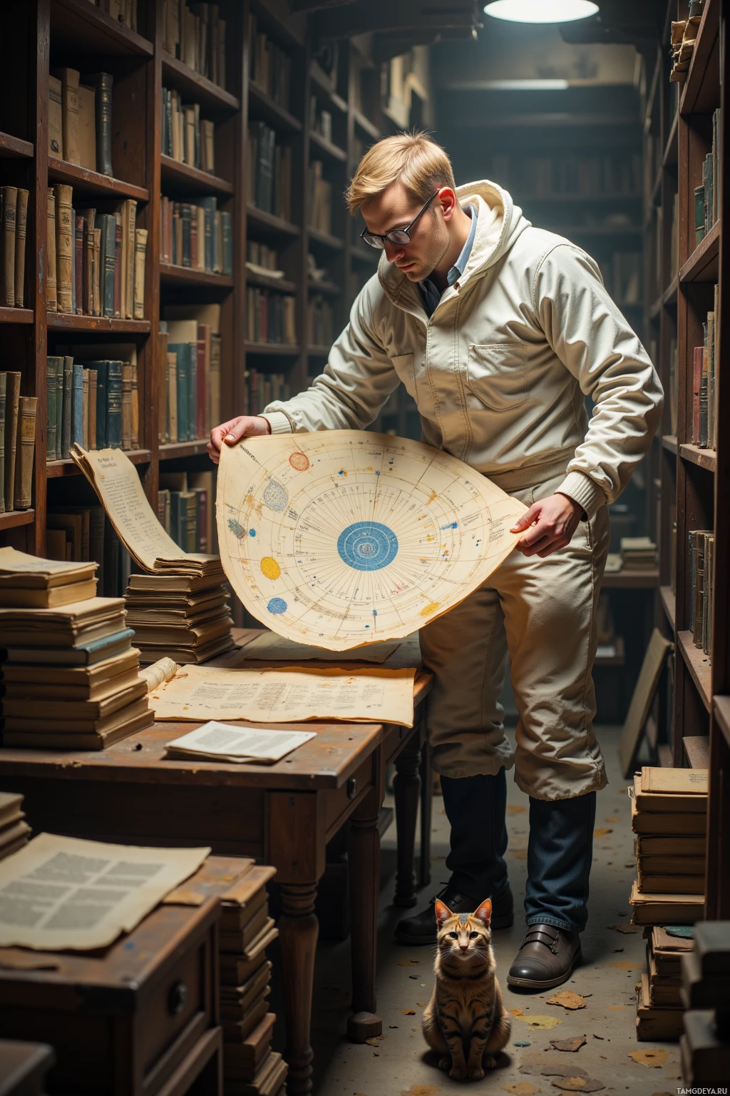 A man in a library examines an old celestial map while a cat sits nearby.