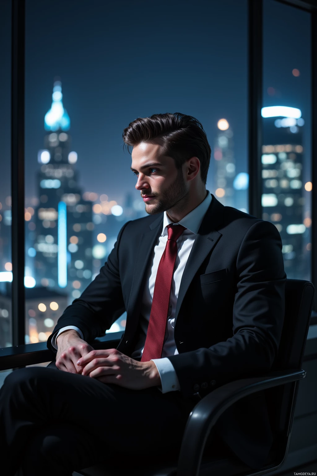 A man in a suit sits in a chair, gazing out at a cityscape at night.