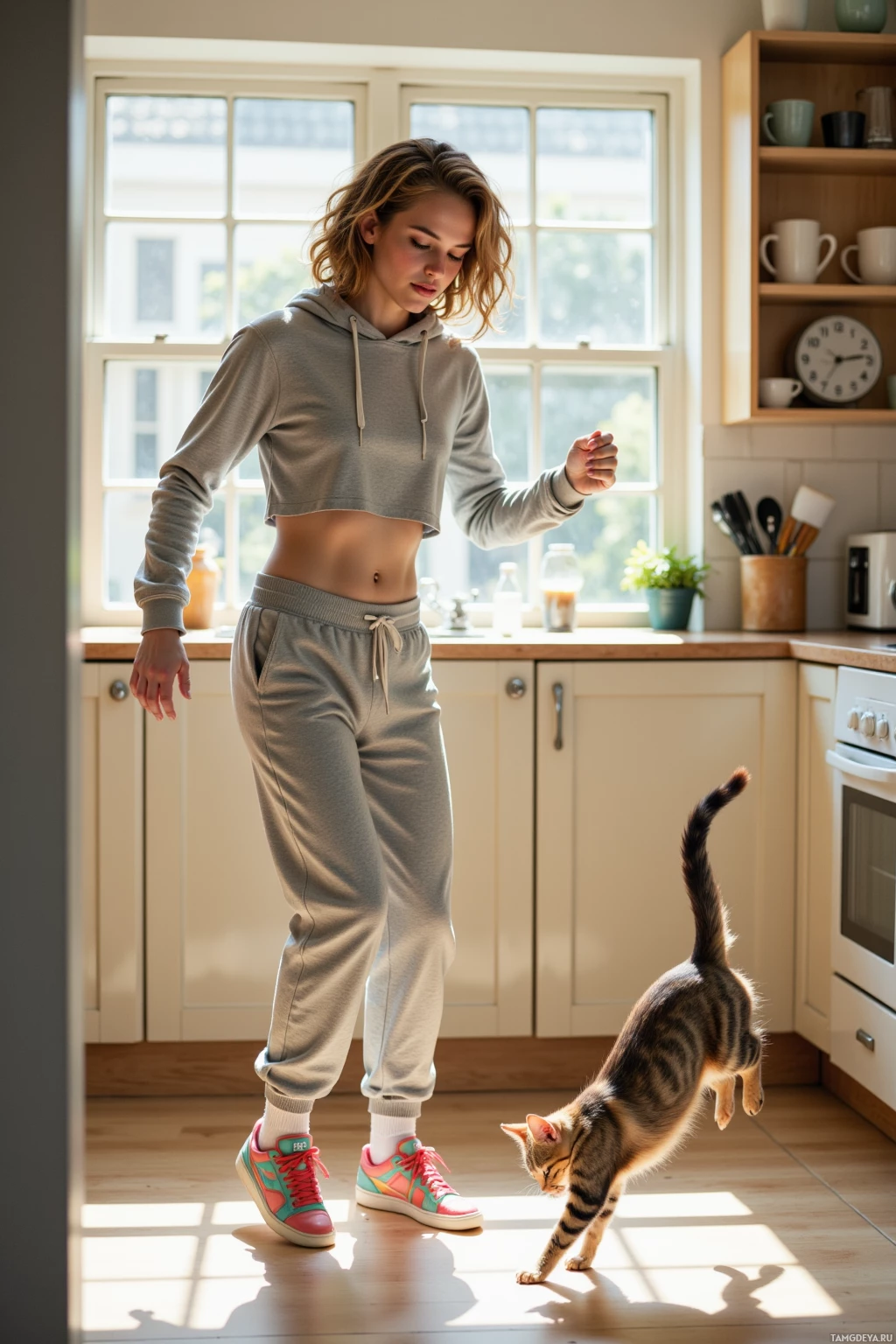 A person in a kitchen interacts with a cat near a window.