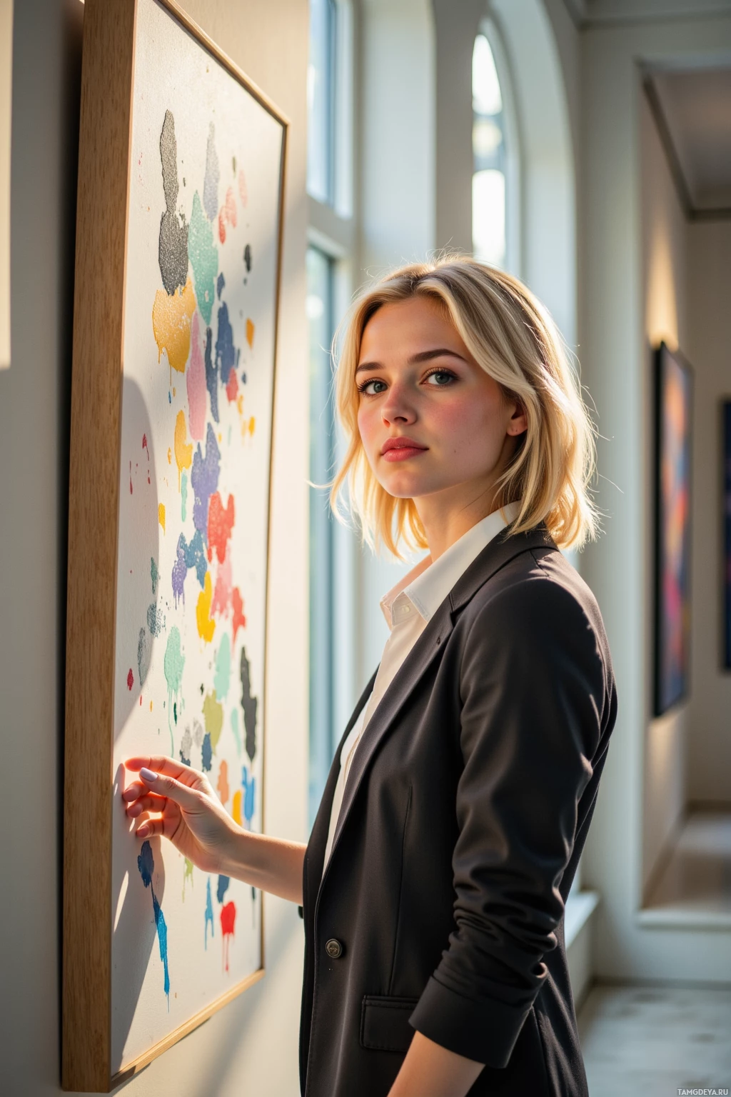A person in a suit stands beside a colorful abstract painting in a gallery.