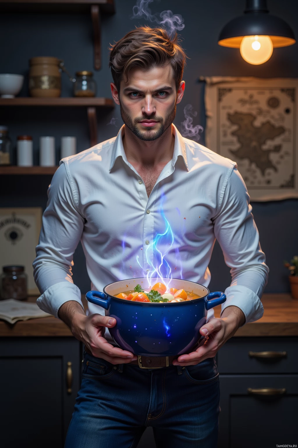 A man in a white shirt holds a steaming pot in a kitchen setting.