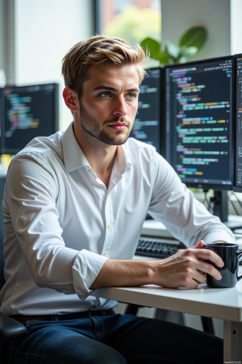 A man in a white shirt sits at a desk with multiple computer monitors displaying code.