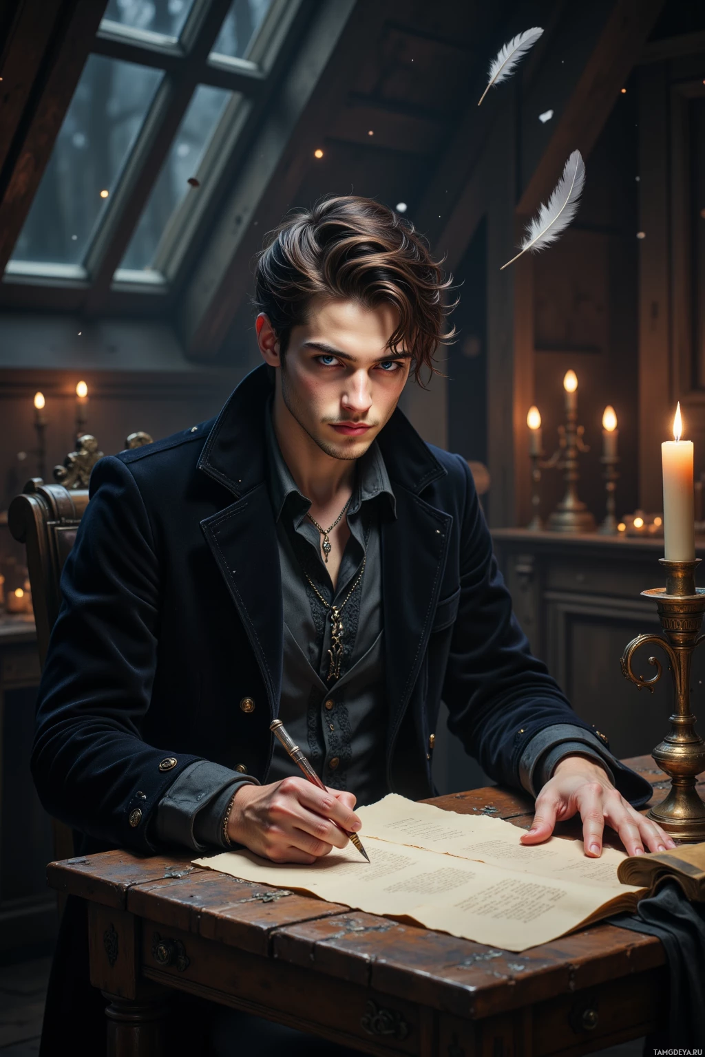 A man in a dark coat sits at a desk, writing with a quill pen.