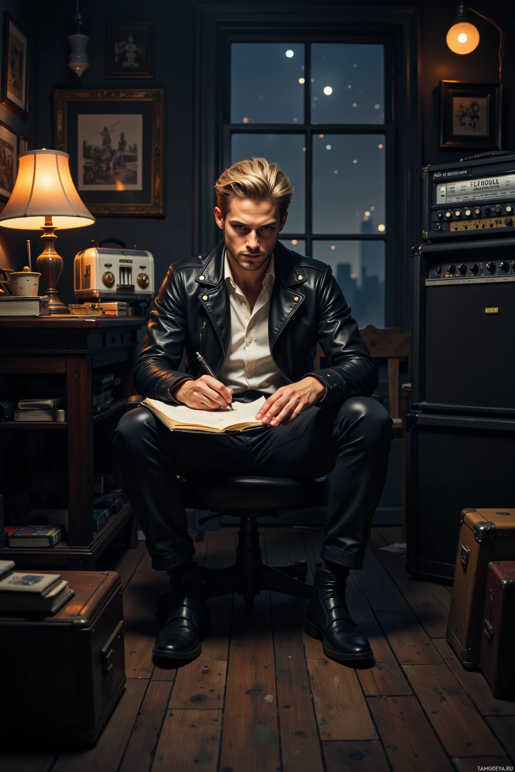 A man in a leather jacket sits in a dimly lit room, writing in a notebook.