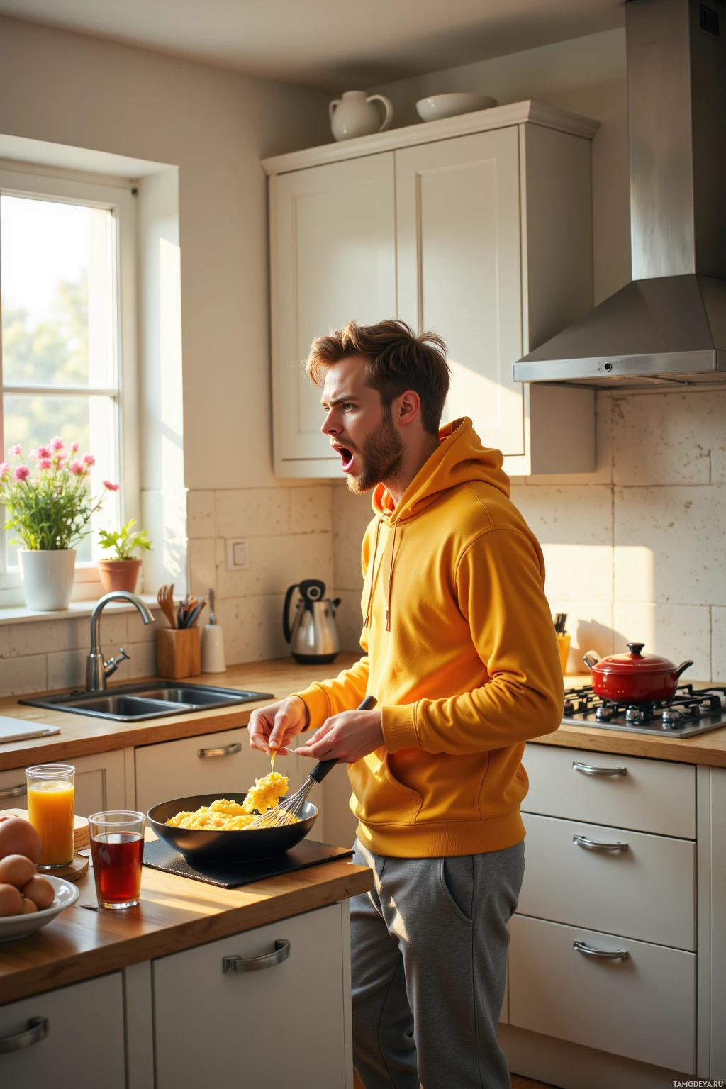 A man in a yellow hoodie is cooking in a kitchen.