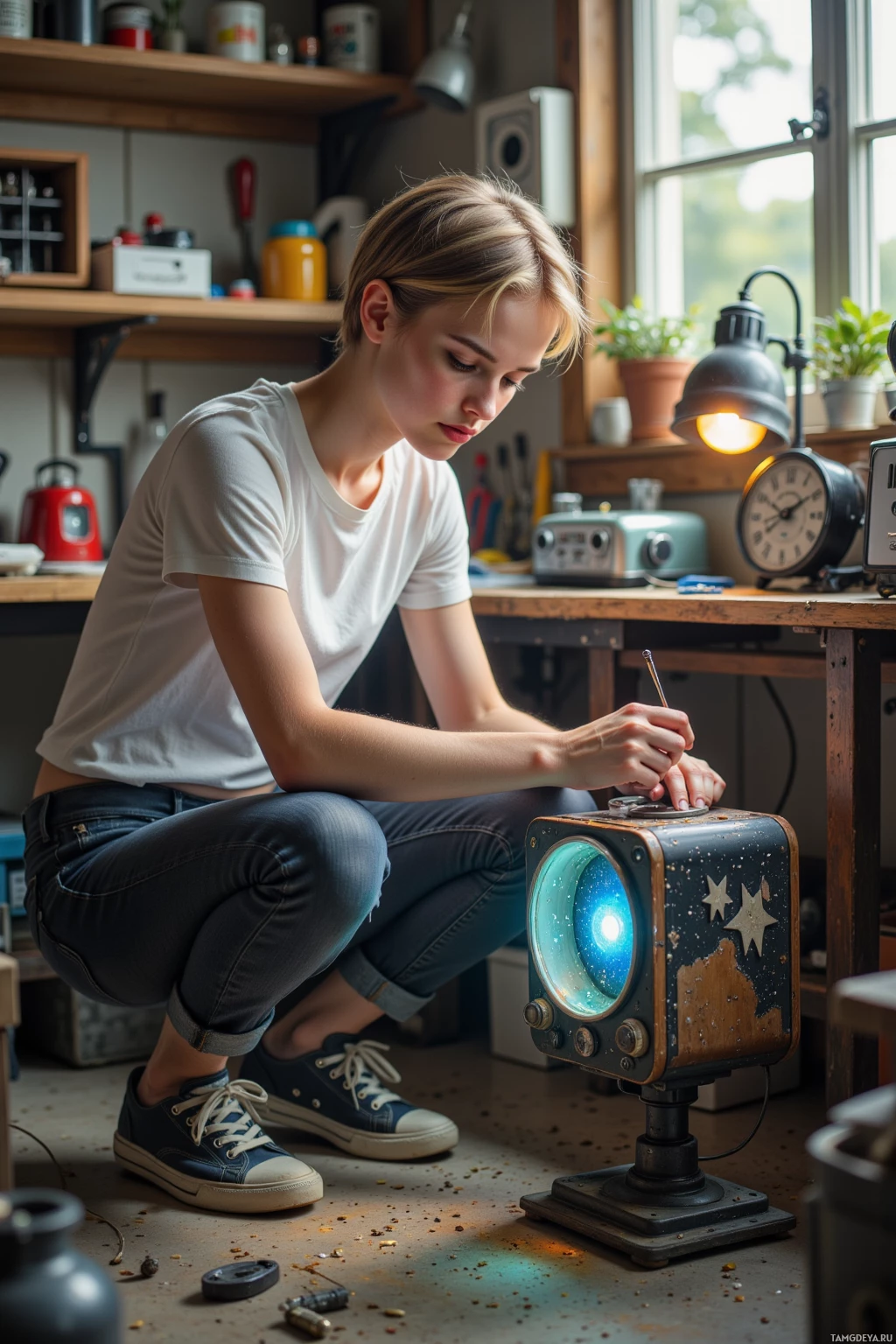A person is working on a vintage-style projector in a workshop setting.