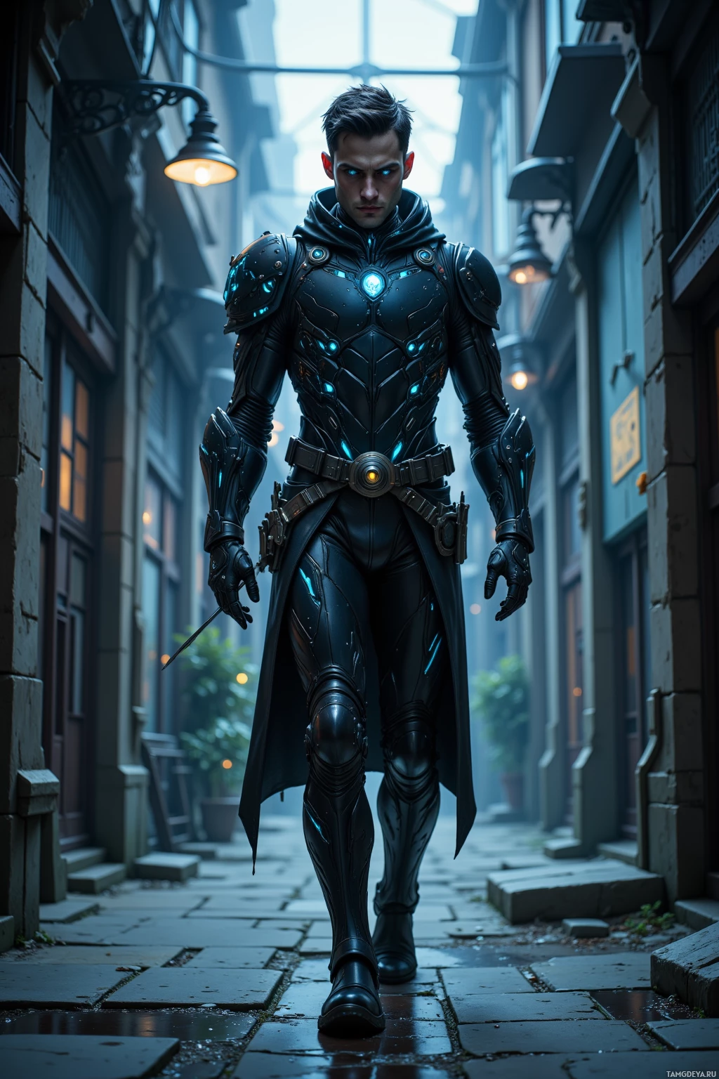 A futuristic armored figure walks down a dimly lit alleyway.