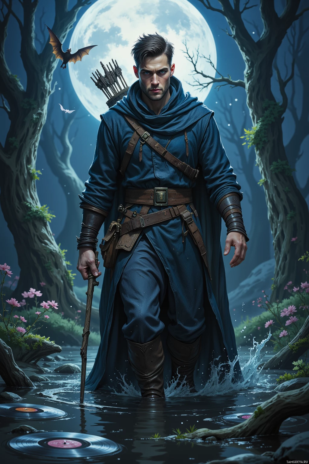 A man in medieval attire stands in a forest at night, holding a staff, with a full moon and bats in the background.