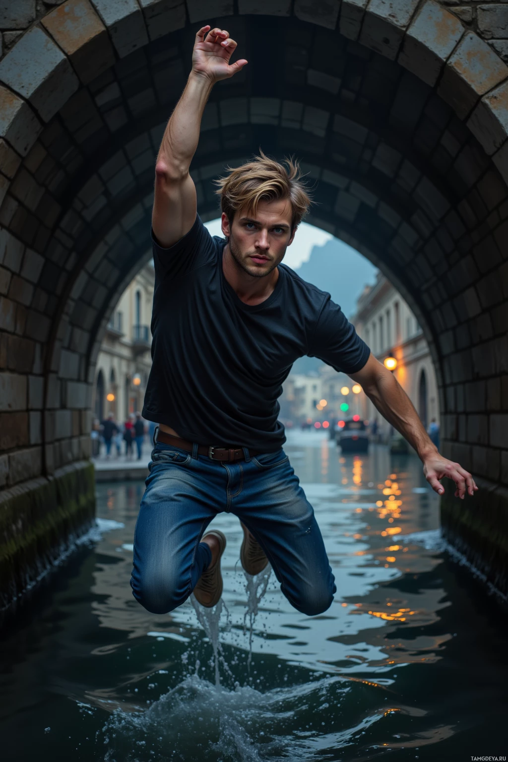 A man jumps mid-air over a canal in an urban setting.