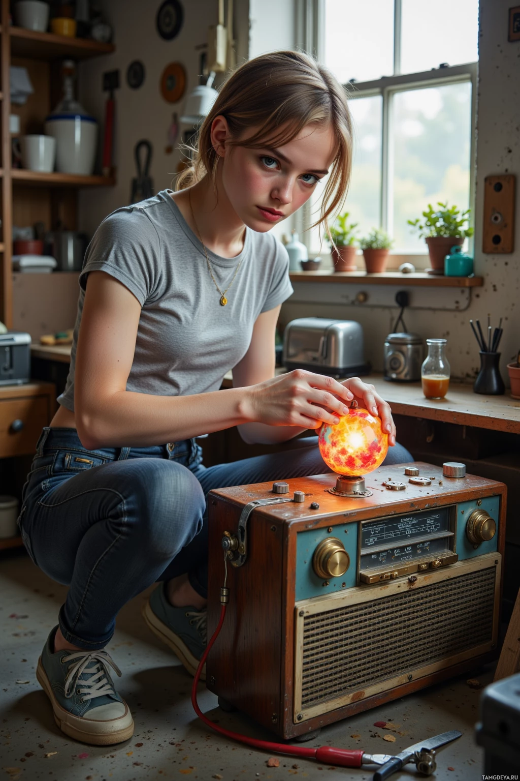 A person is sitting in a workshop, holding a glowing object near an old radio.