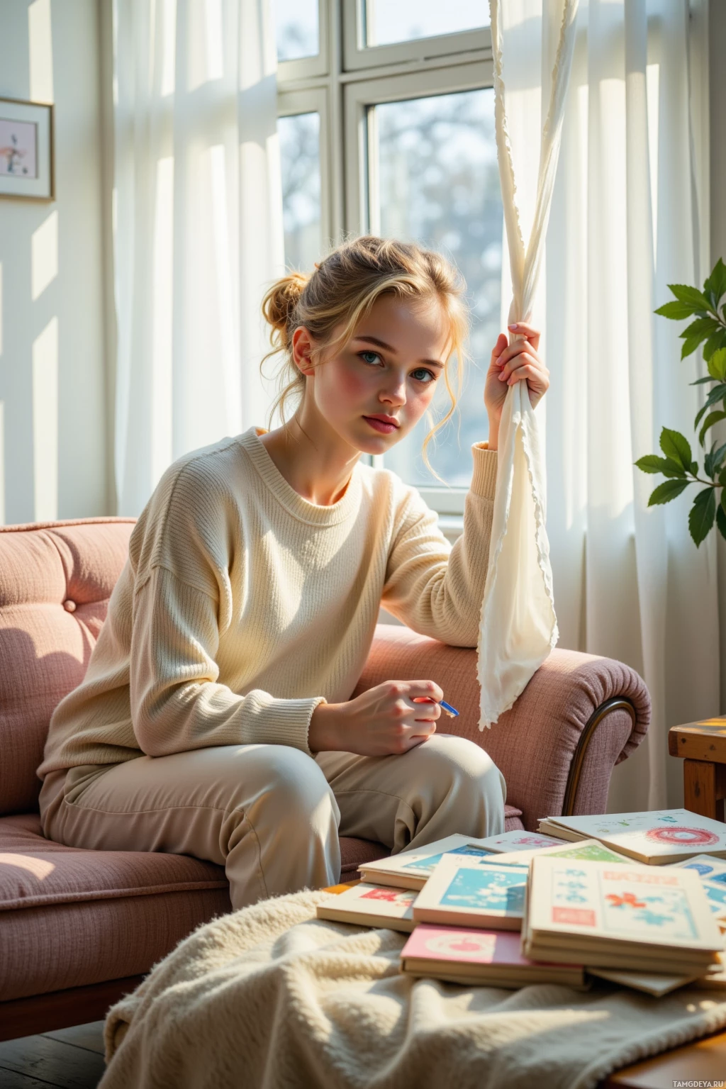 A person sits on a couch by a window, holding a curtain, with books and a blanket nearby.