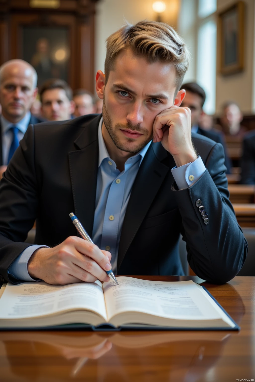 A man in a suit sits at a desk, holding a pen and looking at an open book.