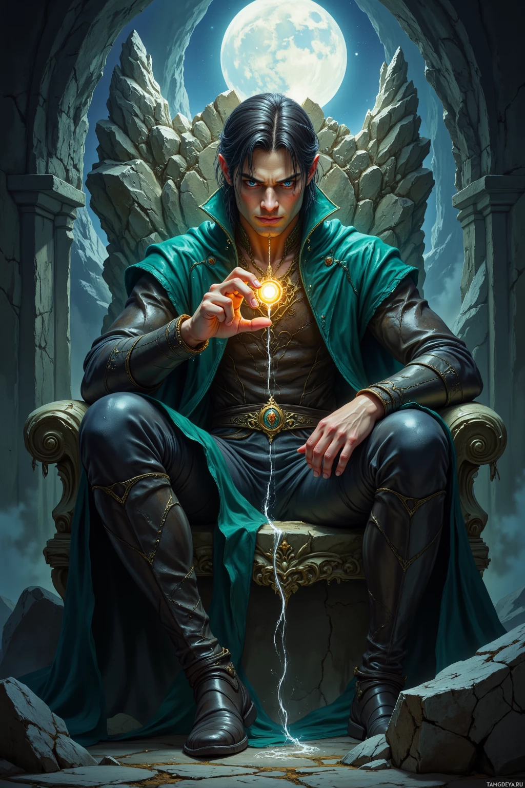 A regal figure sits on a throne, holding a glowing orb, with a full moon and rocky landscape in the background.